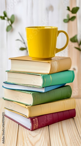 Tall stack of colorful books with yellow cup in bright room