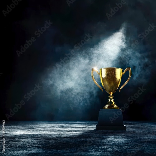 Shiny golden trophy spotlight success award celebration championship concept