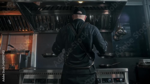 chef holding a frying pan with meat and vegetables