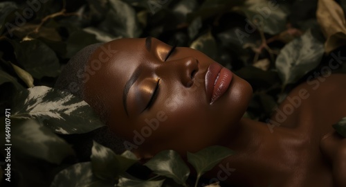 Beautiful Black Woman with Short Hair Relaxing Surrounded by Green Leaves in Artistic Portrait