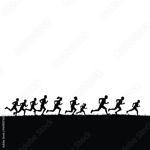 Black silhouettes of people running across grass race