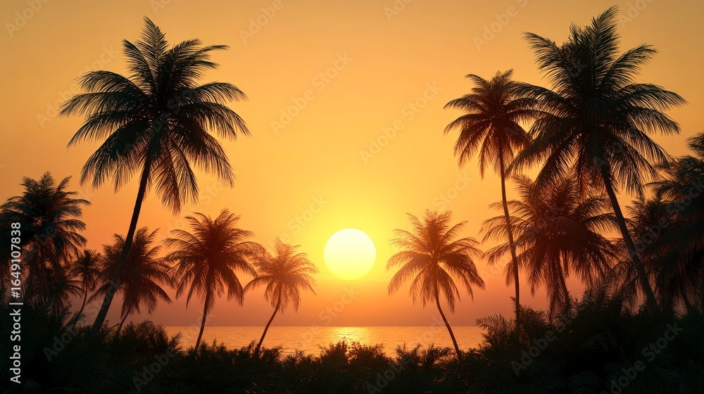Obraz premium Romantic tropical sunset with sun shining behind palm trees