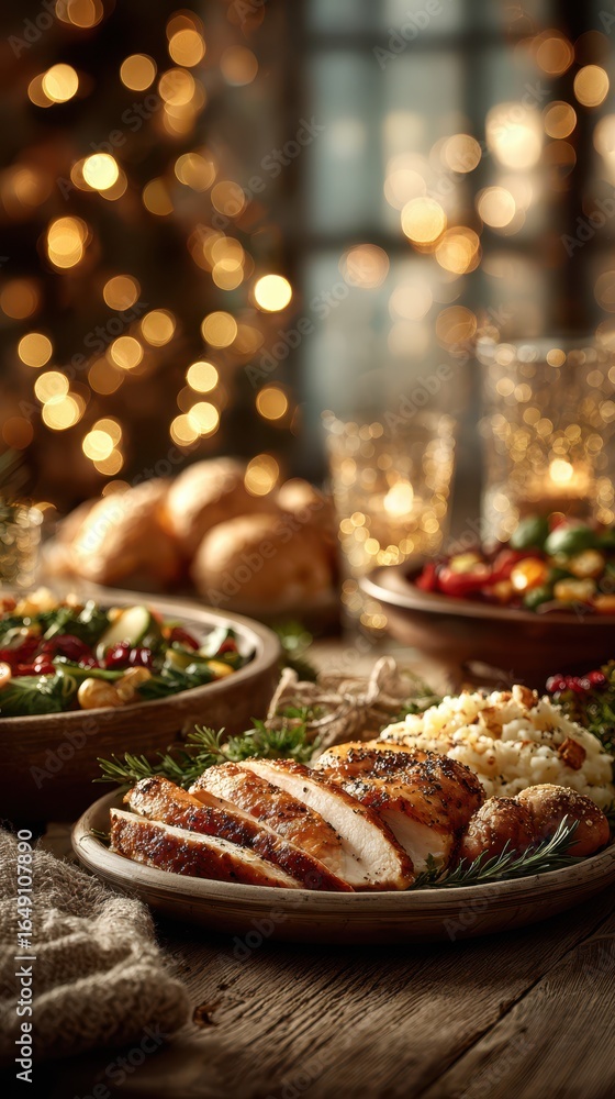 Naklejka premium Festive holiday meal featuring roasted chicken, seasonal vegetables, and festive decor in a cozy dining setting