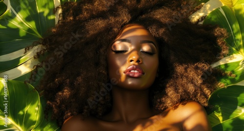 Beautiful Black Woman Relaxing in Sunlight Surrounded by Green Tropical Leaves