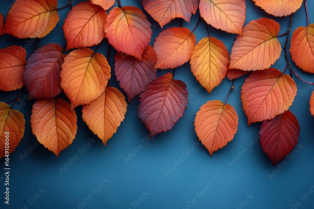 Obraz premium Vibrant autumn leaves overlapping on a blue background create a warm atmosphere