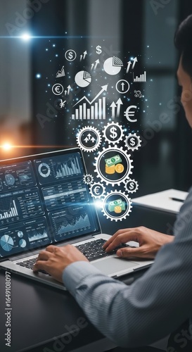 Wallpaper Mural A person in a formal shirt sits at a desk, using a laptop with charts and graphs on the screen, with financial icons Torontodigital.ca