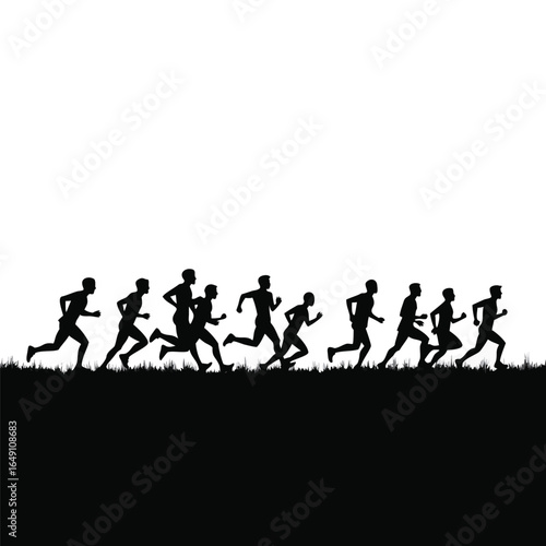Black silhouettes of runners on grass against white background