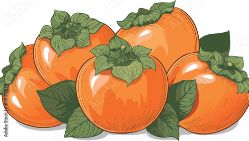 ripe persimmons on transparent png.vector.persimmon, antioxidant, healthy eating, food, fruit, ingredient, organic, ripe, horizontal, cut out, nourishment, shiny, dieting, illustration, bunch, 