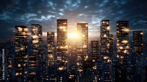 City skyline silhouette with glowing windows at night, showcasing vibrant urban atmosphere