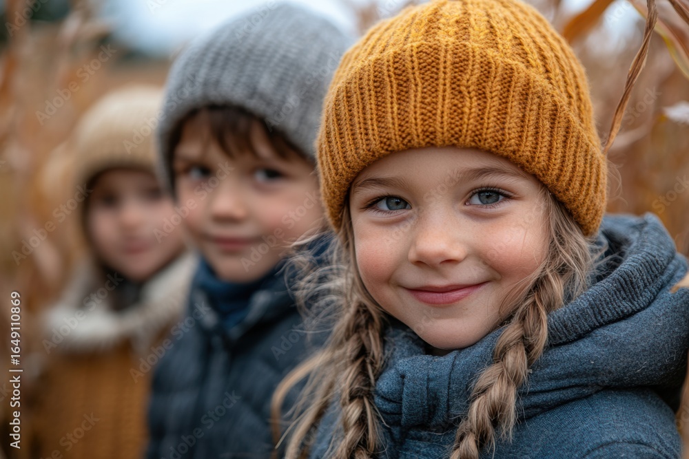 Obraz premium Children enjoying a fall outing in a cornfield wearing warm knitted hats