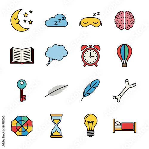 Doodle icons represent dreaming sleeping and bedtime on white