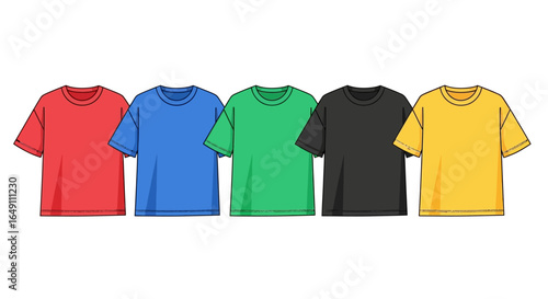 illustration of Five Colorful T-Shirts Red, Blue, Green, Black, and Yellow Displayed in a Row