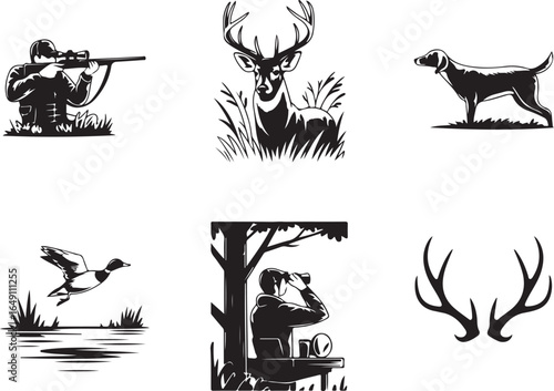 Hunting icons: sniper, deer, dog, duck, observer, antlers