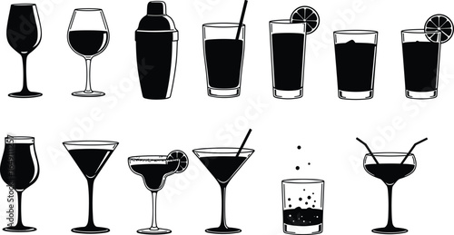 Drinkware illustration, cocktail glasses, wine glass, martini glass, margarita glass, tumbler, coupe, beverage icons, barware design, stylish layout