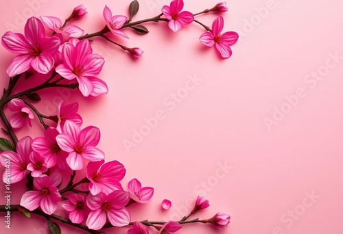 Layered sakura paper cut, minimalist pastel pink, green, red background, mockup space,  frame,  bloom