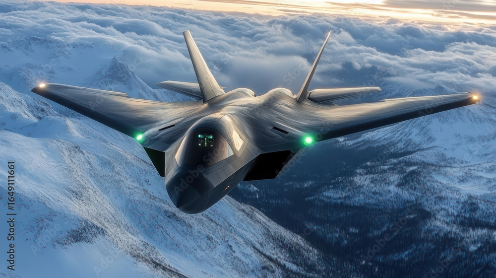 Naklejka premium Stealth fighter soaring above snowy mountains dramatic sky, showcasing advanced technology