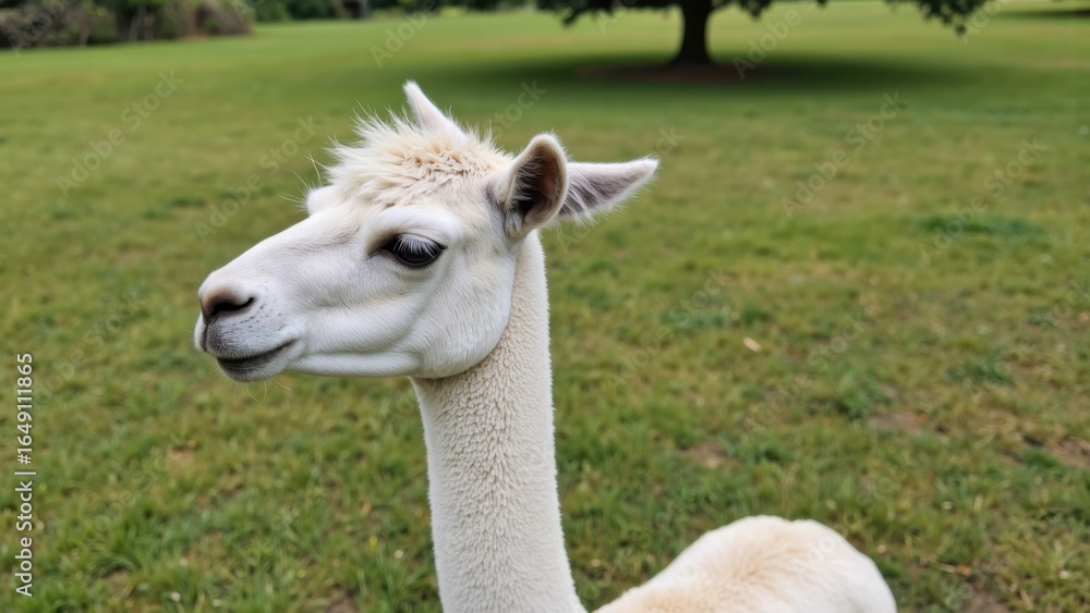 Obraz premium Serene White Alpaca in Lush Green Pasture, Peaceful Farm Animal Portrait, Soft Fluffy Fur.