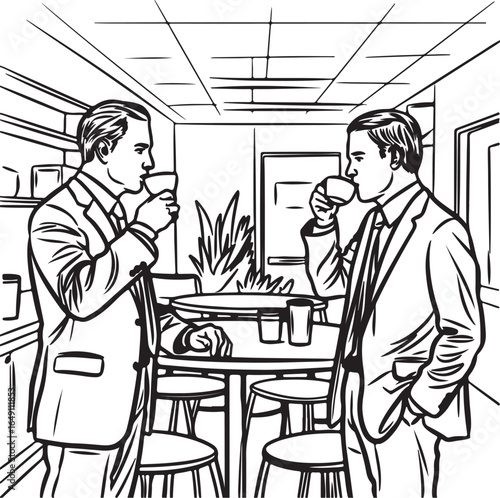 Two businessmen in suits drinking coffee at a table with chairs in a modern office break room vector