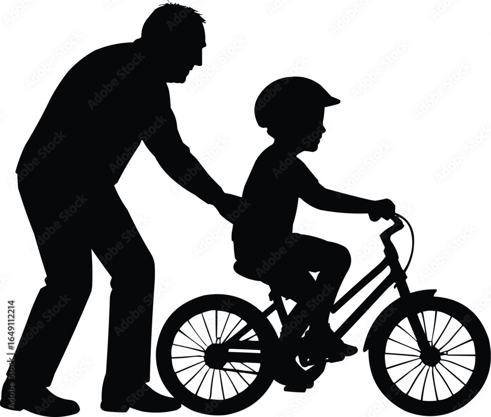 Fototapeta premium Vector Silhouette of grandfather teaching a child to ride a bicycle
