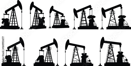 Oil pump jack silhouettes, black and white industrial machinery, energy extraction equipment, oil drilling rigs, petroleum industry, crude oil production