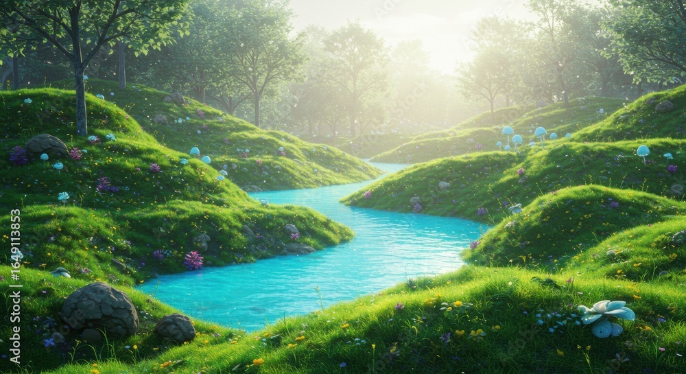 Fototapeta premium Serene river flowing through lush green hills nature scene tranquil environment soft morning light