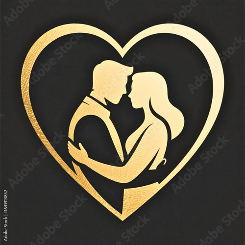A symbolic vector icon in the minimalist style, two abstract human figures of an elegant woman and a man merging in the shape of a heart, a concept of farewell hugs, monochrome, with a gold foil textu