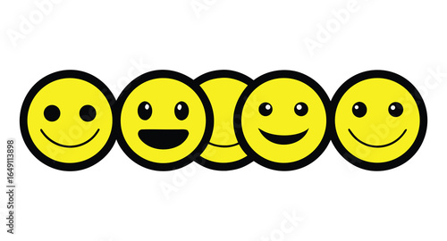 Row of Five Yellow Smiley Faces with Different Grinning Expressions smiling happy