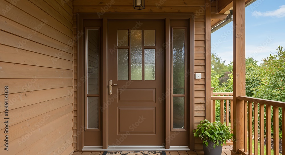 Fototapeta premium Contemporary Brown Front Door with Frosted Glass on a Rustic Wood Siding Home