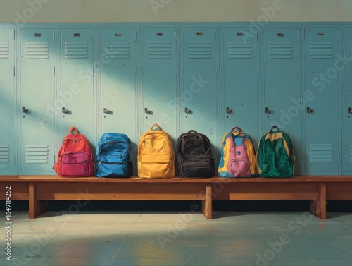 Mochilas coloridas organizadas frente a taquillas en un ambiente escolar clásico