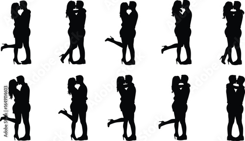 Romantic couple kissing and hugging silhouettes, love and passion, intimate moments, relationship affection, emotional connection, happy lovers, black vector art, romance, togetherness