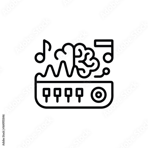 Illustration showing a synthesizer with brain wave music notes and knobs in a simple line art style