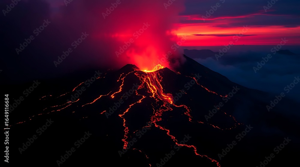 Fototapeta premium The volcano erupted with intense black paint, flowing lava and smoke.