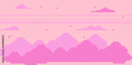 Pink pixel art clouds on pale pink pastel background. Pixelated minimal cumulus clouds. Game abstract cloudscape arcade pattern. 8 bit retro style sky vector illustration for nostalgic digital design