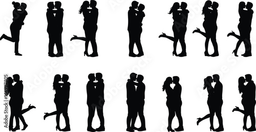 Romantic couple silhouettes kissing, hugging, love poses, relationship moments, affectionate gestures, happy lovers, black vector art, emotional connection, joy, togetherness, romance