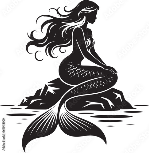 Enchanting mermaid silhouette on rock in water