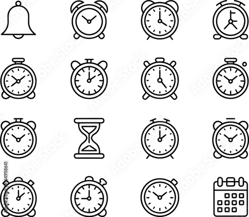 Flat Icon Set of Clocks, Timers, Hourglass, Calendar, and Alarm Symbols for Time Management and Scheduling Concepts
