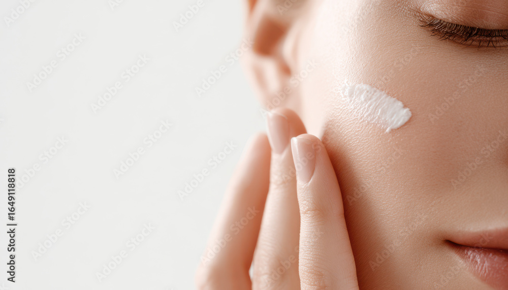 Naklejka premium Close up of woman applying face cream for glowing skin