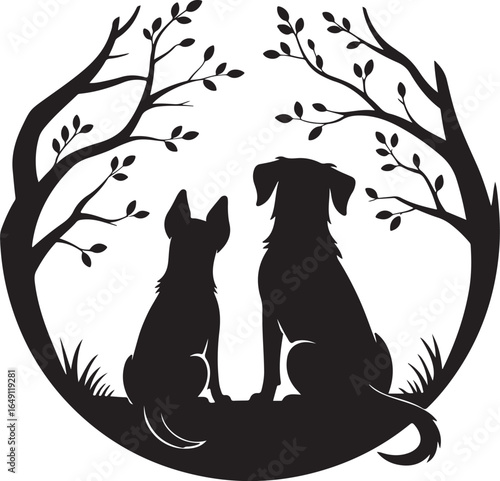 Two dogs sit under trees, enjoying nature together