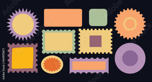 Assortment of Retro Style Postage Stamps in Various Shapes and Pastel Colors on Dark Background