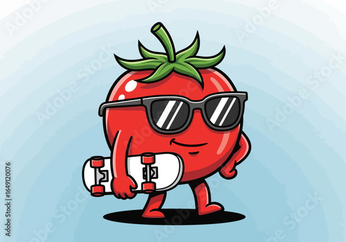 A cheerful, anthropomorphic tomato character wearing sunglasses and holding a skateboard.