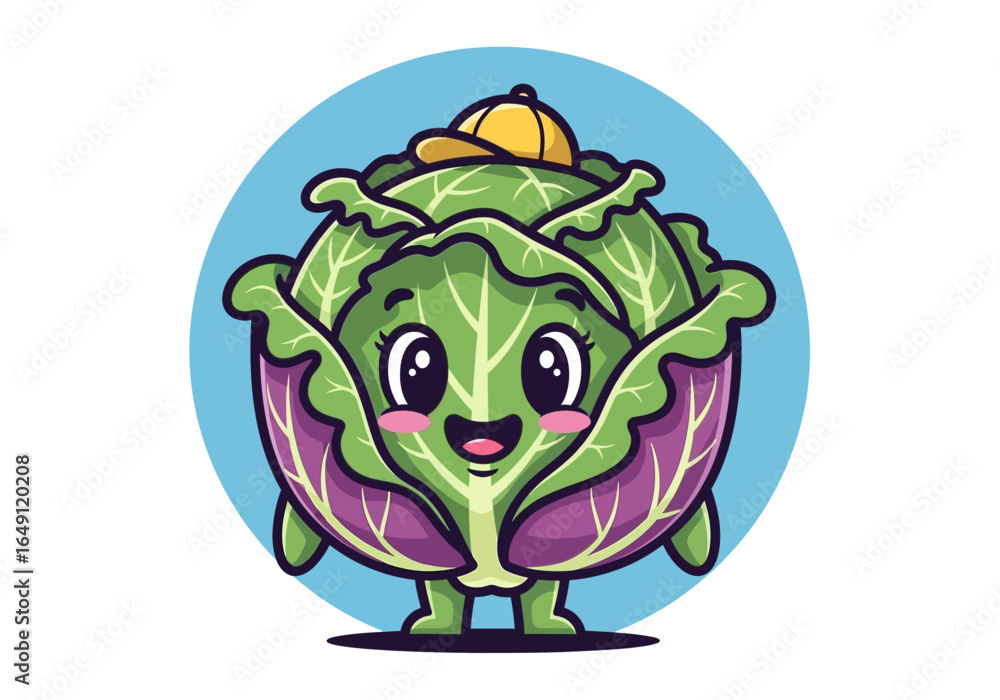 Fototapeta premium A cheerful cartoon cabbage character wearing a cap, smiling, and standing proudly.