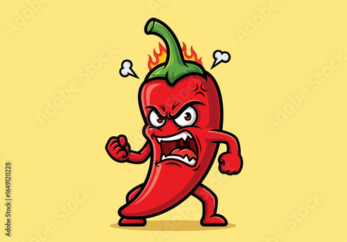 Cartoon illustration of an angry red chili pepper with steam coming off its head and fists clenched.