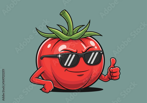 Cartoon tomato character wearing sunglasses, giving a thumbs up, and looking confident.