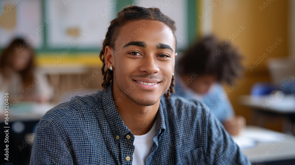 Obraz premium Smiling African American Student in a Bright Classroom Portrait