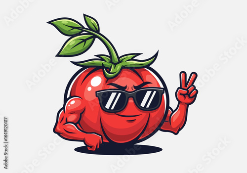 A muscular, anthropomorphic tomato character wearing sunglasses, giving a peace sign.