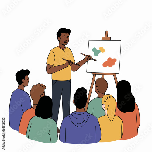 Art Instructor Teaching Diverse Students Painting in a Creative Workshop