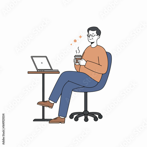 Relaxed man taking a coffee break while working remotely on his laptop. Flat illustration.