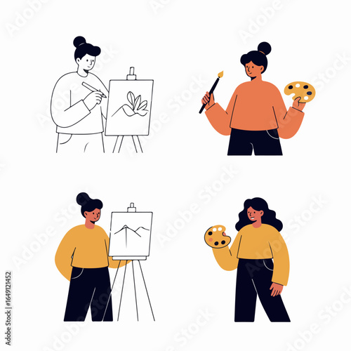 Illustrations of female artists engaged in creative painting and drawing activities, showcasing artistic passion, talent, and various art tools like easels, brushes, and palettes.