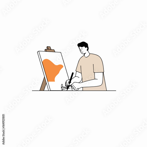 Artist painting on an easel, a simple line art illustration depicting creativity, hobbies, and artistic expression.