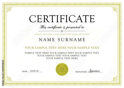 Certificate, Diploma of completion (design template, white background) with Frame, Border, light Guilloche pattern (green)
